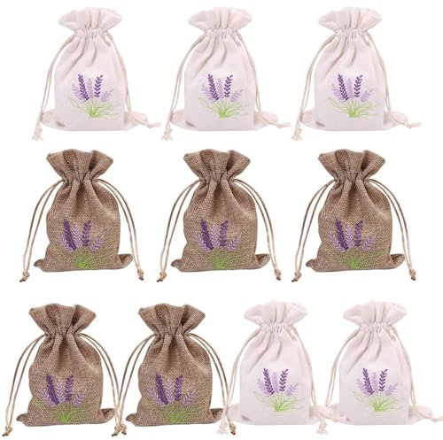 10 saquitos de lavanda para rellenar, bolsas vacías para bolsas de lavanda, color blanco y lino, cordón de algodón y lino, para lavanda, especias y hierbas (10 x 14 cm)