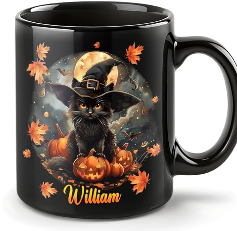Smile lab Personalised Halloween Black Cat Mug, Cat-Shaped Ceramic 11oz/15oz, Novelty Coffee Mugs, Black, Reusable, Halloween Decor