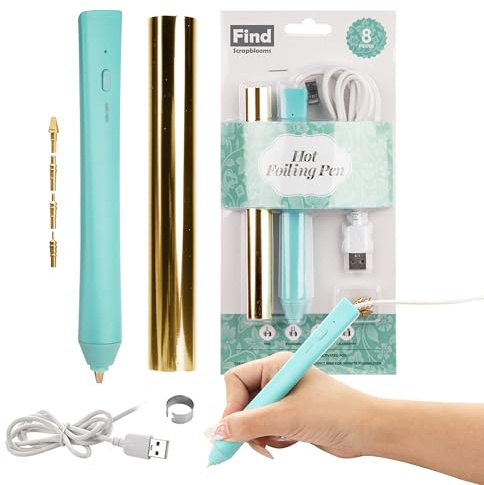 Foil Quill Pen Starter Kit with 4 Size Metal Tips &1pc Heat Activated Foil Rolls, Hot Foiling Pen for Card Making Scrapbooking Tools,USB Powered (Blue)