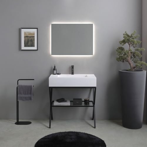 Kiamami Valentina Mobile Bagno A Terra 80 Cm Stile Industriale Manchester | Cavalletto in metallo nero, mensola in vetro, lavabo resina bianco, specchio LED 60x80 cm, L 80x70x46 cm