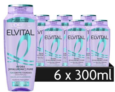 L'Oréal Paris Elvital Entfettendes Shampoo für fettige Kopfhaut und feuchtigkeitsbedürftige Längen, Mit Salicylsäure und Hyaluronsäure, Hydra Hyaluronic Pure, 6 x 300 ml