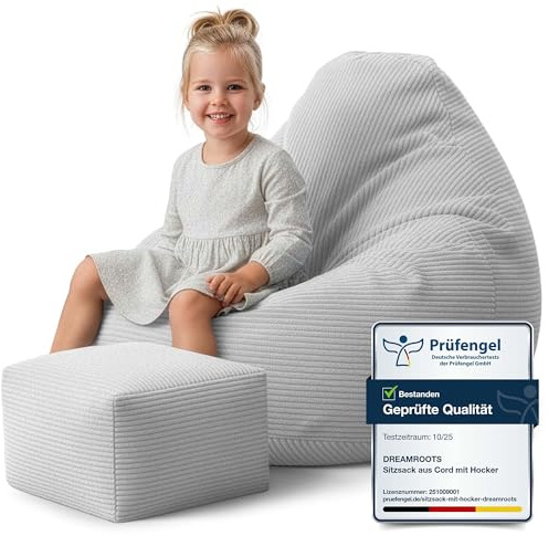 DreamRoots Sitzsack Kinder Cord 70x70x70 cm, Cool Gray | Bean Bag Sofa, 70x70x70 cm, mit Hocker & Bezug, mit Füllung, waschbar, für Kinder & Kinderzimmer
