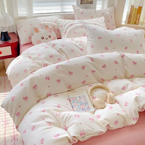 Bettwäsche 200x220 Mädchen Rosa Schleifen Bettbezug mit 2 Kissenbezug 80x80 | Bettwäsche Set, Kawaii, Rosa Weiß, Schleifenmuster, Pink Schleifen, Herzen, Niedlich, ÖKO-TEX, Microfaser, Reißverschluss