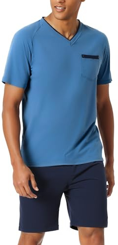 Bresdk Schlafanzug Herren Kurz Sommer Pyjama Set Baumwolle Shorty Kurzer Schlafanzüge mit V-Ausschnitt Schlafanzughose Zweiteilig Set