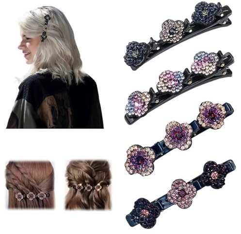 Glitzernde Kristall Stein Geflochtene Haarspangen, Strass Haarspange Kolibri Haarspange mit Kristallblume, Geflochtene mit 3 Mini-Haarspangen, Doppelschicht Mini Haarspangen für Frauen Mädchen (4PCS)