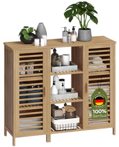 Bellamio Newa Badschrank Bambus, 9 Fächer, 2 Türen, Holzoptik, lackiert | Badezimmerschrank, Aufbewahrungsschrank 100x33x87 cm, schmales Bambusregal, Badregal, Badezimmermöbel, Stauraumschrank