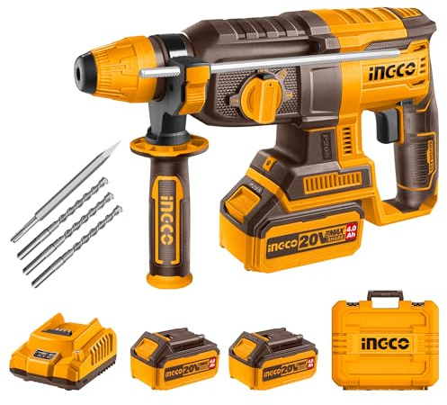 INGCO 20V Brushless Rotary Hammer Drill, 2.5J, 0-1100RPM, SDS Plus Chuck System, 26mm in Concrete, 4IN1 Function, with 3Pcs Drill Bits and 1Pcs Chisel, 2Pcs 4.0Ah Battery and 1Pcs Charger CRHLI202682