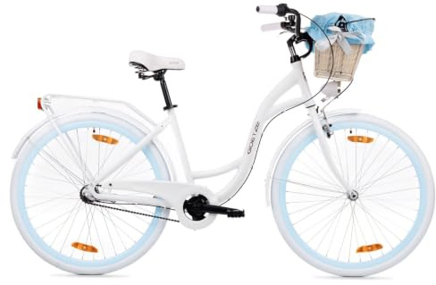 Goetze Style 28 Zoll Laufrad Damen CityBike Komfort Fahrrad mit 3-Gang | 18 Zoll ALU Rahmen, Tiefeinsteiger, 14 kg, Rücktrittbremse & V-Brake, LED-Beleuchtung, Rattankorb, Gepäckträger & Klingel