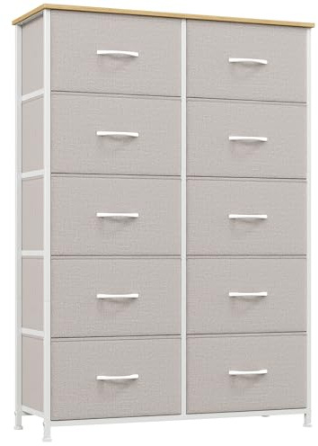 Somdot Kommode mit 10 Stoffschubladen, Schlafzimmer, Aschgrau | Stoffkommode, Komodenschrank, Großem Stauraum, Metallrahmen, Holzwerkstoffoberplatte, Wohnzimmer, 30T x 80B x 114,5H