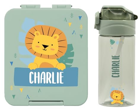 gutmarkiert Trinkflasche-Brotdose-Set personalisiert - Motiv Salbeigrün | Kindertrinkflasche mit Strohhalm und Lunchbox mit Namen - BPA-frei - 450ml - für Jungen und Mädchen - spülmaschinenfest