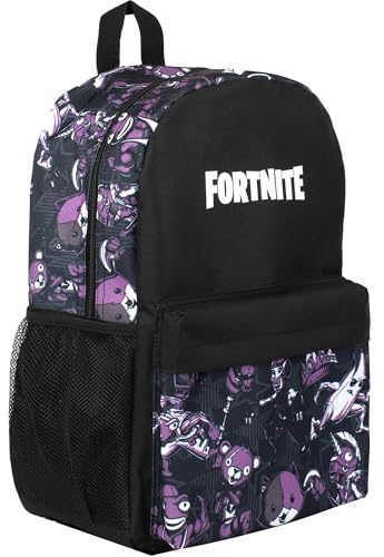 Fortnite Grand sac à dos d'école pour garçons - Noir - A4 - Multicompartiments - Avec poches en maille et bretelles rembourrées réglables, noir/lilas