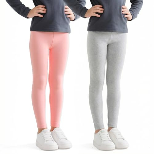JinBei Flickor leggings barn bomull långa byxor leggings elastiska sportbyxor barn joggingbyxor enfärgad 2-pack mjuka bekväma sportleggings andningsbar vardag dans skola, GR. 116-158, Grå och rosa
