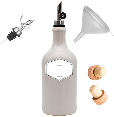 Generisch Ölflasche Keramik mit Edelstahl-Ausgießer 500 ml weiß inkl. Ø 8 cm Trichter, Holzkorken und wasserfestes Etikett (Free-Flow-Ausgießer)