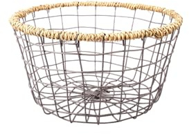 Wickerfield 2PCS Wire Storage Baskets, Pantry Organizers and storage, Fruit Basket with Seagrass Edge, Vegetable Storage, Large Metal Basket for Bathroom, Kitchen and Office (Round)