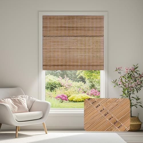 Doing-X Cordless Bamboo Roman Shades, Natural Light Filtering Bamboo Blinds, Roll Up Roman Blinds for Windows,Fine Lines - Light Brown,Custom Size