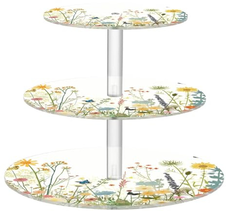 Blueangle 3-Tier Round Cupcake Stand – Colorful Herbs and Flowers Acrylic Dessert Tower, Non-Slip Tiered Dessert Stand for Baby Shower, Birthday, Wedding Party （536）