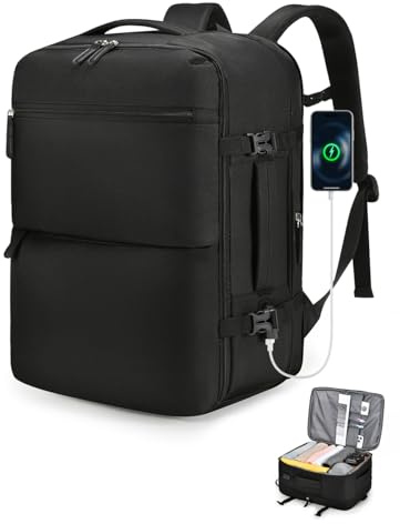 BAGZY Bagage Cabine 45x36x20 easyjet 32L Extensible Sacs à Dos pour Ordinateur Portable 15.6 Pouces Grand Valise Cabine 45x36x20 Avion Bagage à Main Homme Femme avec Compartiment à Chaussures Noir