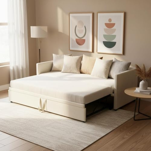 ZSSWSS Utdragbar soffa, 90/180 x 200 cm, vadderad sammetssäng med ribbotten, multifunktionell gästsäng, bäddsoffa, konvertibel 2-sits, för vardagsrum, barnrum, beige