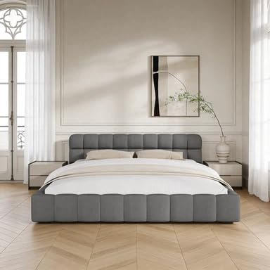 KRYZOR Polsterbett Bubble Bett 140x200cm, Flachbett Bodenbett mit gepolstertem Kopfteil, Doppelbett Jugendbett Gästebett Bettgestell mit Lattenrost, Ohne Matratze, Leinen (Grau, 140x200 cm)
