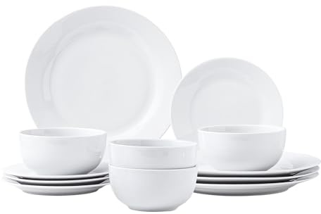 simpa Timeless 12PC Plain White Porcelain Dinner Set: 4 Dinner Plates, 4 Side Plates & 4 Bowls. Dishwasher & Microwave Safe.