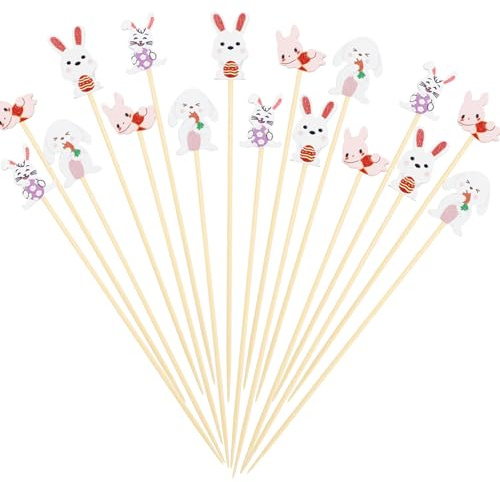 ENLACE 100 stycken påskcocktailspett, påsk, hare, fingermat, spett, träspett, påsktandpetare, träcocktaildekoration, 12 cm hare, festspett, fruktspett, cocktailtillbehör för festtillbehör, födelsedag