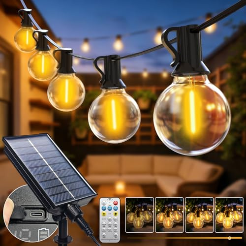 btfarm Solar Lichterkette Outdoor 20M mit Fernbedienung, Wetterfest | Lichterkette Außen Solar, 25+2LED G40 Glühbirnen, 8 Modi Solarlichterkette Outdoor für Garten Balkon Party Deko, Warmweiß