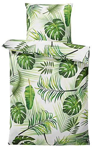 one-home Bettwäsche 135x200 cm Tropical Palmen Blätter Natur grün weiß Mikrofaser