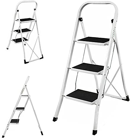 Trittleiter 3 Stufen Trittleiter Leichte Stehleiter Anti-Rutsch-Schritte für die Reinigung der Küche im Home Office - Stahl, Klappbar, Bis 150 KG