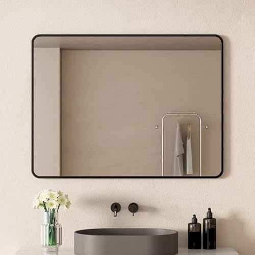 WDWRITTI Spiegel Schwarz 40x60 cm Rechteckiger Wandspiegel Abgerundete Ecken Wandmontage Kosmetikspiegel für Wohnzimmer Badezimmer Glatte Spiegeloberfläche horizontaler vertikaler Einbau