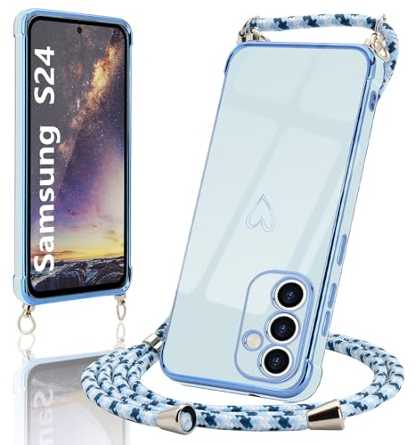 Micoden Mobiltelefonkedja för Samsung Galaxy S24 5G-fodral, halsband mobiltelefonfodral med band, kameraskydd, hjärta, kärlek, design, galvanisering, silikon, TPU-fodral, snöre för upphängning,