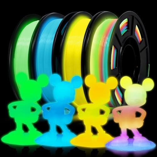 EONO 250g*4 Leuchtendes PLA Filament 1,75 mm Set, 3D Drucker Leuchtendes Filament Set für 3D Drucker, Glow in the Dark Filament, 250g*4 Set, Grün+Blau+Gelb+Regenbogen