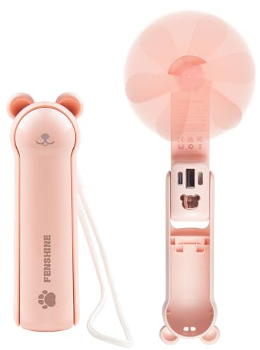Fenshine Handventilator, 3-in-1-Mini-Ventilator, handgemacht, 3 Geschwindigkeiten, tragbarer Handventilator, batteriebetriebener Ventilator mit Powerbank, Taschenlampe, Reisezubehör (Rosa)