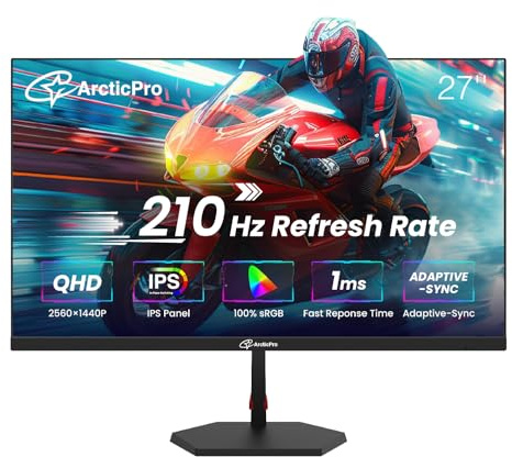 ArcticPro 27inch Gaming Monitor QHD 2560*1440p, 210Hz, 2K, IPS Panel, 1ms Response Time, Adaptive sync, PC Computer Monitor, 3-Sided Frameless, Ultra Slim, 130% sRGB, Bluelight Filter, HDMI *2, DP*2