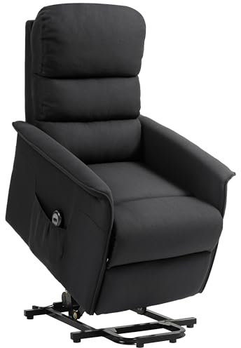 HOMCOM Elektrischer Sessel mit Aufstehhilfe, elektrischer Relaxsessel mit Fußstütze, neigbare Rückenlehne, Fernbedienung, elektrischer Sessel, mit Tasche, atmungsaktiver Leinenstoff, schwarz