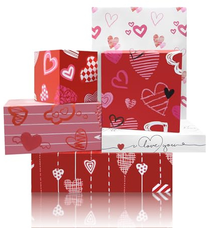 Geschenkpapier Herzmotiv, Valentinstags Geschenkpapier, Liebe Geschenkpapier mit Rot-weißem Herzmotiv, 6 Designs, 50x70cm pro Blatt, für Hochzeiten, Brautpartys, Verlobungen, Valentinstag