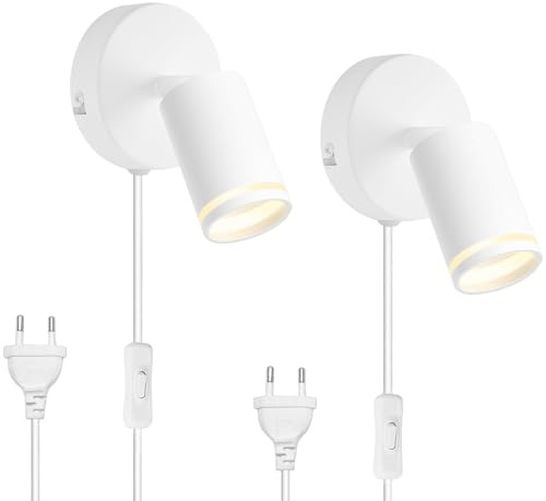 TZSMUM LED Wandlampe Indoor Wandleuchte mit Dimmbar Schalter und Stecker Wandbeleuchtung Drehbare 350° Wandleuchten Moderne GU10 Spotleuchte für Wohnzimmer Schlafzimmer Küchen (Weiß,2 Stück)