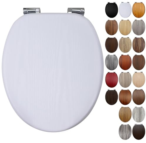 Fanmitrk White Wooden Toilet Seat with Soft Close Adjustable Solid Hinges, MDF Wood Oval Toilet Seats (JH1205-01)