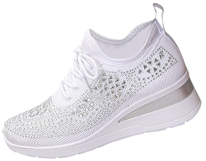 Women's Glittery Trainers Rhinestone Fashion Breathable Wedge Sneakers Athletic Slip On Walking Shoes Breathable Lightweight Sports Casual Sparkly Diamante Sneakers Ladies Platform Shoes White