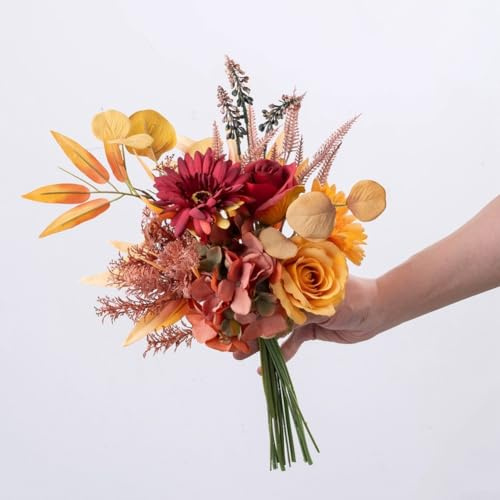 Bouquet de roses artificielles d'automne et d'hortensia, 44 cm, fleurs orange en tissu avec marguerites gerbera pour arrangements de mariage