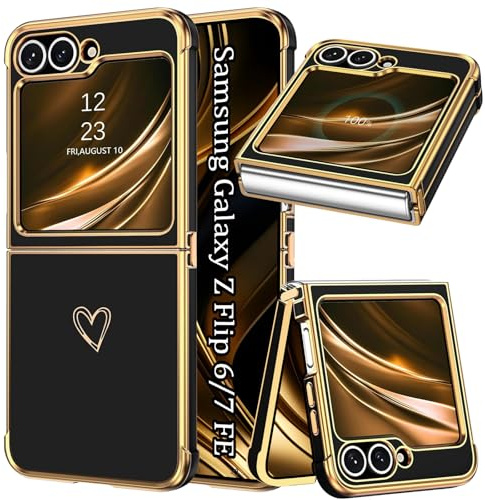 Yutwo Funda para Samsung Galaxy Z Flip 6/7 FE, Antigolpes Carcasa Samsung Z Flip 6/7 FE 5G con Diseño de Corazón, Marco Dorado y Protección Galvanizada Case, Negro