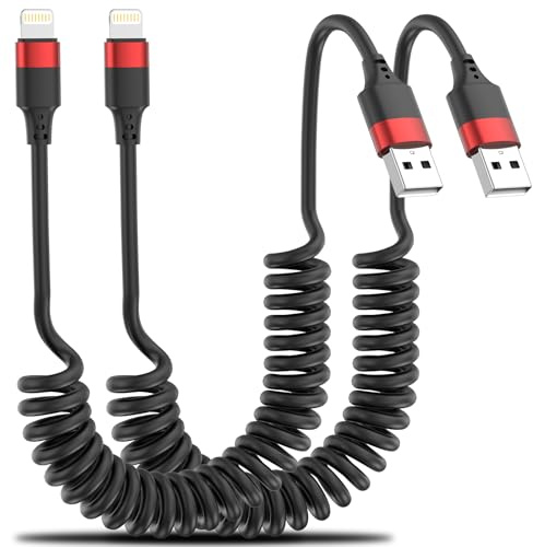 Bkduice Spiralkabel USB A auf Lightning Kabel, 0.3-1M iPhone Ladekabel Auto 2 Stück, Schwarz Apple Carplay Kabel Datenkabel für iPhone 14 Pro Max/14 Plus/14/13/12/11/8/SE/X/XS/XR