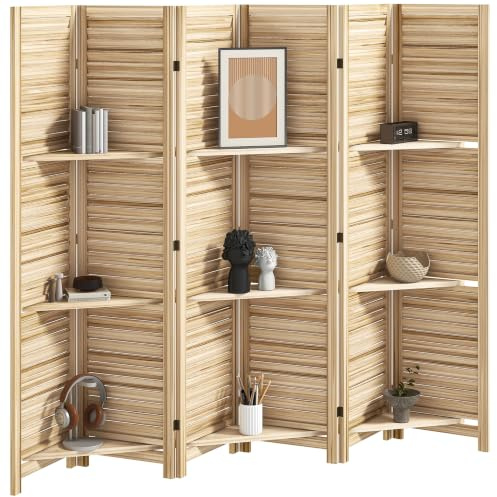 HOMCOM Paravent Intérieur en Bois 6 Panneaux 240 x 170 cm Bois Naturel | Séparateur de Pièce Pliable avec 3 Étagères, Cloison de Séparation, Salon, Chambre à Coucher, Maison
