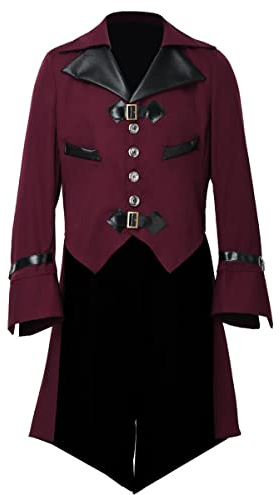 BLESSUME Gotisk kappa herr frack halloween cosplay kostym (3XL, vinröd)