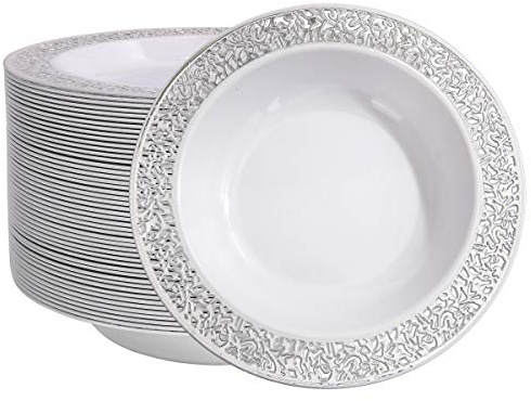 I00000 60 Plastic Soup Bowls 12 oz, Silver Disposable Dessert Salad Bowls,Silver Platsic Party Dishes for Party and Wedding