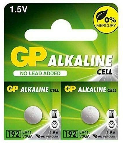 GP LR41, AG3 Battery. Small Button Alkali Battery Cell. 0% Mercury. Size Dimensions: 2.1mm x 6.8mm diameter, Voltage: 1.55V. Thermometer batteries and Watch batteries (SR41 LR736 192 384) (Pack of 2)