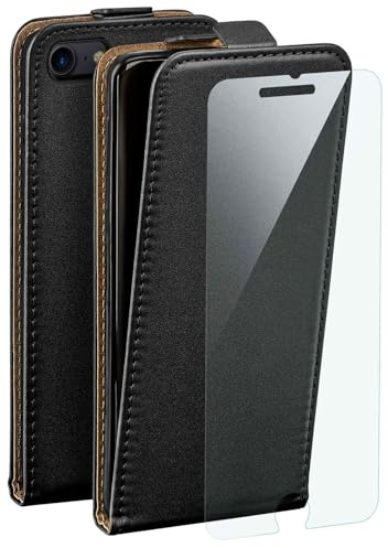 moex 4 in 1 Pack für iPhone SE (2020/2022) Hülle mit 3X Schutzfolie, Schutzhülle 360 Grad Rundumschutz [Flip Case Klapphülle + FlexProtect Folie] Handyhülle PU Leder, Schwarz