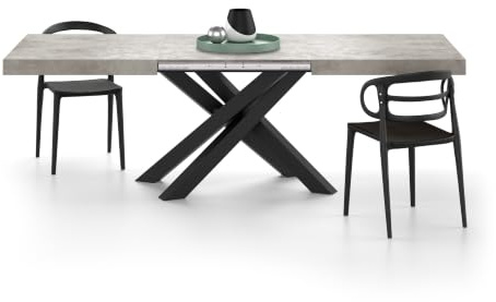 MOBILI FIVER, Ausziehbarer Esstisch Emma 160(240) x90 cm, Grauer Beton mit Schwarzen gekreuzten Beinen, Made In Italy