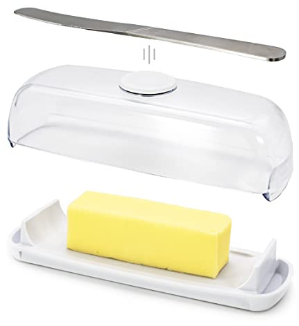 Butter Hub Plastic Butter Dish with Lid and Knife for Countertop - Covered Dish Keeper with Magnetic Knife Holder, Easy Scoop, No Mess Lid Container, Dishwasher Safe, BPA-Free - Clear, US Regular