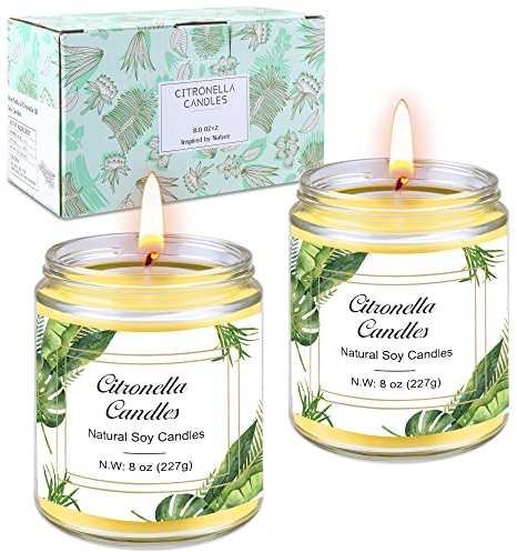 Citronella Kerze Outdoor im Glas, 2 Stücke Outdoor Kerzen Groß, Natürliche Sojawachs Zitronella Kerze draußen für Garten, Camping, Indoor, Terrasse, Picknicks, Sommergeschenk