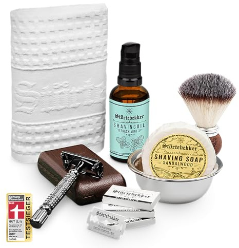 Störtebekker® Premium Rasurpflege Set - inkl. Rasierhobel, Etui, Rasierpinsel, Rasierseife, Rasierschale, Rasieröl und Rasiertuch - hochwertiges Rasierset für die tägliche Rasur - Geschenkidee